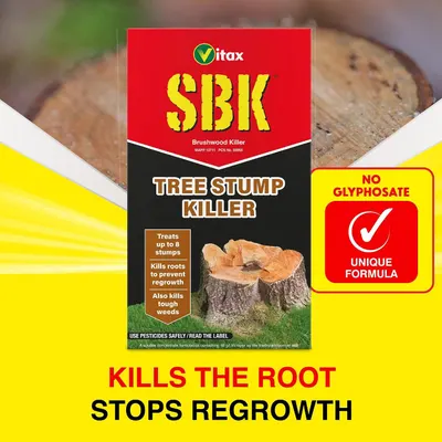 Communicates that the product kills the stump root to prevent regrowth, with a no glyphosate unique formula callout. Presents the Vitax SBK brand and product name prominently to build brand…