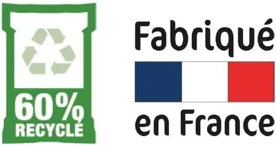 Reassures shoppers the packaging is majority recycled and the product is made in France.