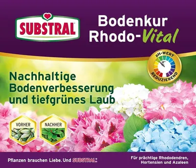 Communicates one core promise of sustainable soil improvement and deep green leaves for flowering shrubs. Reinforces the Substral brand identity with logo and tagline Plants need love and Substral.