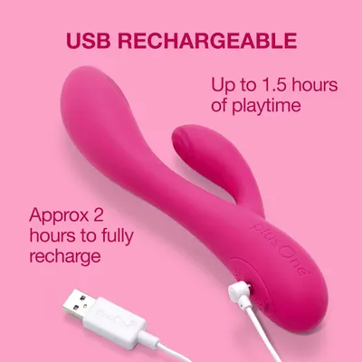 Shows the product is USB rechargeable with up to 1.5 hours of playtime and about 2 hours to fully recharge, reassuring shoppers about convenient charging and battery life.