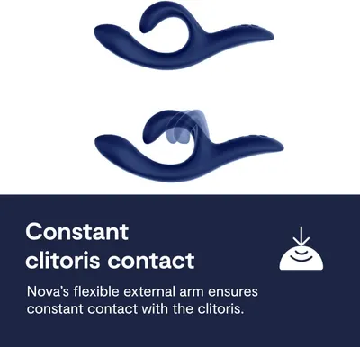 Shows the flexible external arm and states it keeps constant contact with the clitoris.