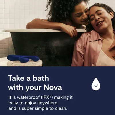 Shows the product in a bath setting and states it is IPX7 waterproof and simple to clean. Depicts the product in a relaxed bathroom setting to suggest use anywhere.