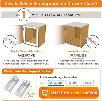 Guides shoppers through choosing the right slide by first checking whether their cabinet has a face frame, and shows the matching support socket size. Shows the support socket dimension so shoppers…