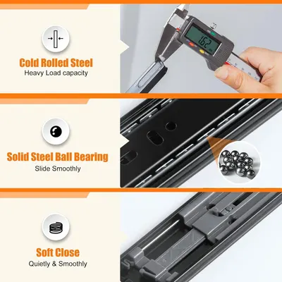 Highlights three key construction and performance benefits in segmented panels: heavy load capacity, smooth sliding, and quiet soft closing.