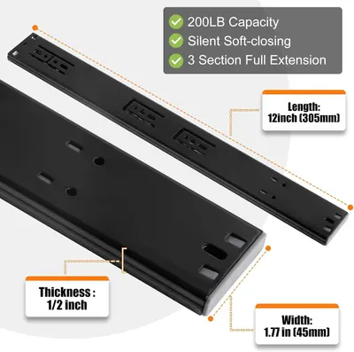 Lists key load, soft-close, extension, and dimension specs so shoppers can judge strength and fit at a glance.