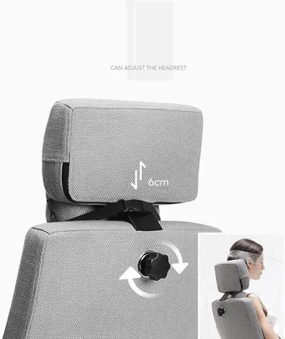 Shows the headrest can be raised or lowered by 6cm for personalized neck support.