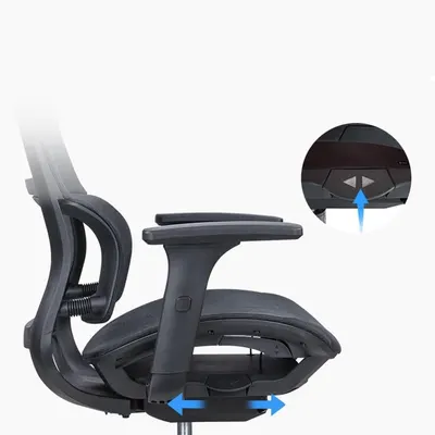 Zoomed view with arrows shows the seat slide mechanism so shoppers understand how the seat depth adjusts for comfort. Communicates that the seat can slide forward and back to fit different body sizes.
