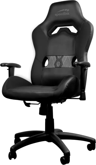 Shows the chair's supportive gaming style design with adjustable armrests and lumbar cutout to reassure shoppers of comfort. Displays the Speedlink brand name on the chair backrest to reinforce…