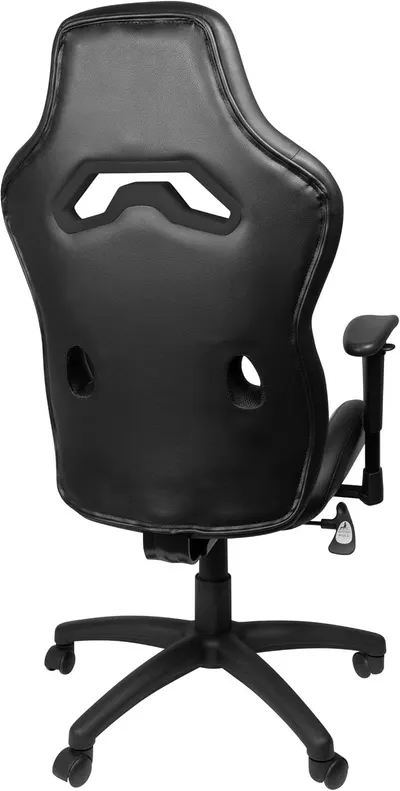 Shows the back of the chair with ventilation cutouts to suggest breathability during long sessions.