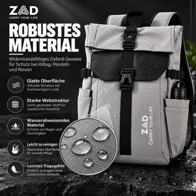 Highlights the durable Oxford fabric and water-repellent surface to reassure shoppers of protection in everyday use. Lists several material and comfort benefits in segmented callouts to show the bag…