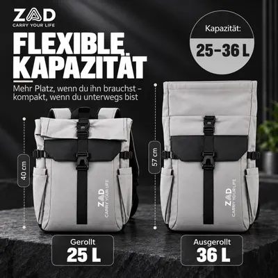 Shows the bag expands from 25 L rolled to 36 L unrolled so shoppers see its flexible storage range at a glance. Shows the physical rolled and unrolled height of the bag to illustrate how the…