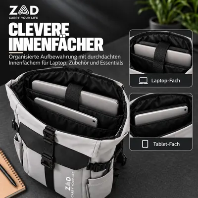 Shows the interior compartments for laptop and tablet so shoppers know the bag holds and organizes these devices. Uses segmented callouts to present the laptop and tablet pockets as separate benefits.