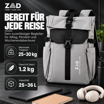 Presents load capacity, light empty weight and volume as bold stats to show the bag is strong yet light. Segments three key specs into separate panels to give a quick overview of the bag's…