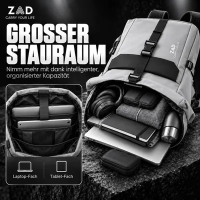 Shows a full load of laptop, headphones, bottle, notebook and accessories to show the generous storage capacity. Uses segmented callouts to present storage capacity and dedicated device compartments…