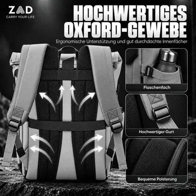Uses arrows and segmented panels to show the ergonomic back support, bottle pocket, strap quality and padding that make the bag comfortable. Points to the back panel, strap and bottle pocket with…