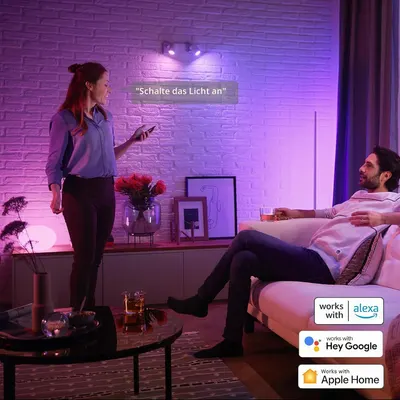 Shows voice control and compatibility with major smart home platforms so shoppers know it works with their system.