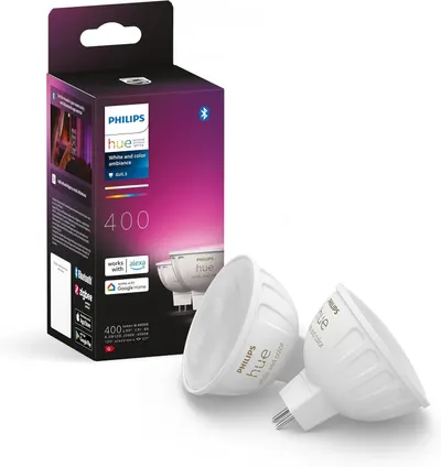 Presents the product packaging and key specs like brightness and color range in a clean product shot.