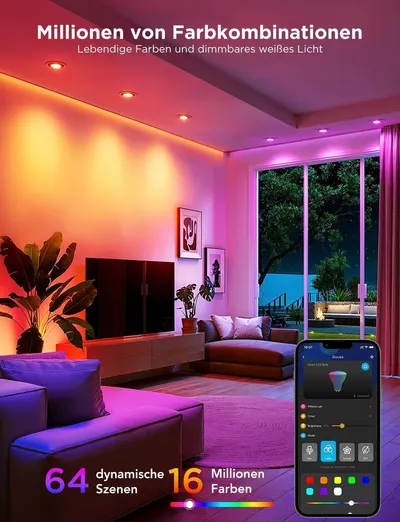 Shows vibrant color options and scene modes to highlight the bulb's ambiance versatility. Communicates the wide color range and dynamic lighting scenes at a…
