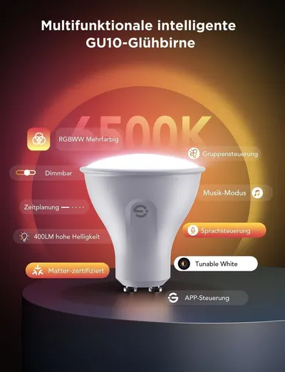 Shows many smart features of the GU10 bulb in one layout so shoppers see its full functionality.