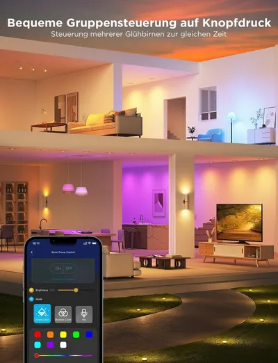Shows controlling multiple bulbs at once across a home to convey convenience.