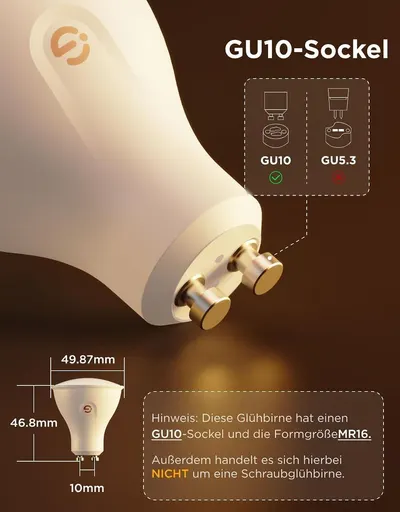Shows the GU10 pin base and dimensions so shoppers can confirm compatibility with their fixtures.