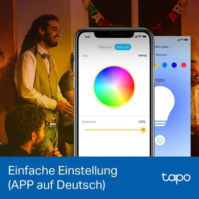 Shows the bulb is easily set up and controlled through a German-language app with color and brightness options. Signals that setup is simple because the app is available in German.