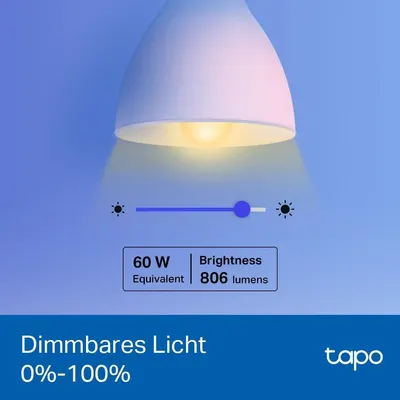 Reassures shoppers the bulb dims smoothly from 0 to 100 percent for flexible lighting. Shows the bulb delivers 806 lumens, equivalent to a 60W incandescent bulb.