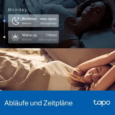 Shows the bulb can follow automatic schedules that gently dim for bedtime and brighten for waking. Explains how to set up routines in the app for sleep and wake times.