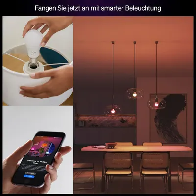 Headline Fangen Sie jetzt an mit smarter Beleuchtung introduces the smart lighting system with a simple bulb installation photo and app onboarding screen. It reassures shoppers that getting started…