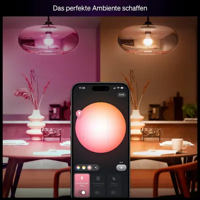 Shows the bulb creating different ambient moods through color and white tones, controlled from a smartphone app. Reassures shoppers they can customize lighting to suit any setting. Demonstrates the…