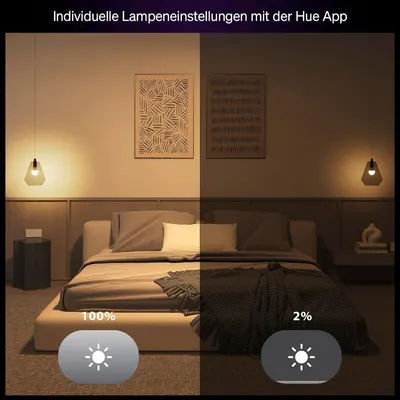 Shows that each lamp can be dimmed independently in the Hue app, from full 100% brightness to 2%, so shoppers can set the mood for each room area. Reinforces that the brightness of individual lamps…