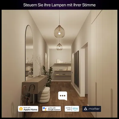 Shows the bulbs work with major smart home platforms so shoppers can trust them to fit into their existing setup. Demonstrates voice control of lamps in a home hallway and lists compatible…