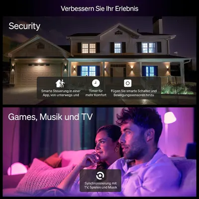 Shows several smart lighting benefits in segmented panels, including app control, timers, motion sensor integration, and sync with TV, games, and music to enhance the home experience. Demonstrates…