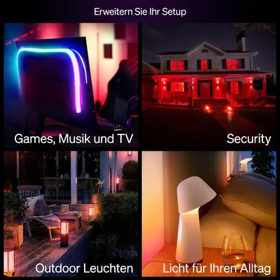 Shows the security lighting use with red illumination around a home to reassure shoppers the product helps protect their property. Shows multiple use cases including gaming, security, outdoor, and…