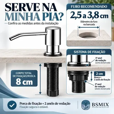 Shows the exact installation hole size and body length so shoppers can confirm the dispenser fits their countertop before buying. Breaks down the mounting parts and sealing rings to show the…