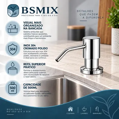 Lists multiple key benefits including a tidy countertop, rust-resistant steel, easy refilling, and good capacity for daily use.