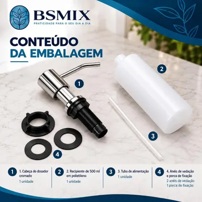 Shows every included part so shoppers know exactly what they receive in the box. Confirms the kit contains the dispenser head, 500ml bottle, feed tube, two sealing rings and a locking nut.