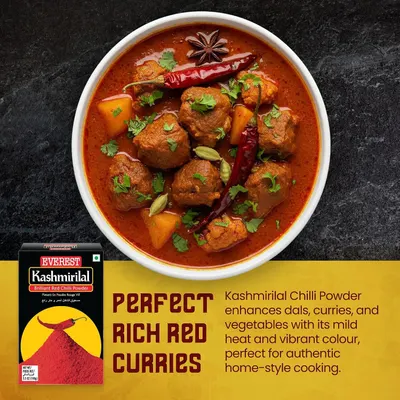 Shows a rich red curry to demonstrate the powder enhances curries with mild heat and vibrant colour.