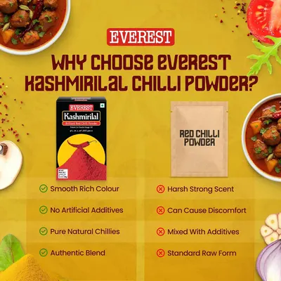 Contrasts Everest with a generic red chilli powder to show superior colour, purity and authenticity. Lists four separate quality benefits in segmented rows to justify choosing Everest.