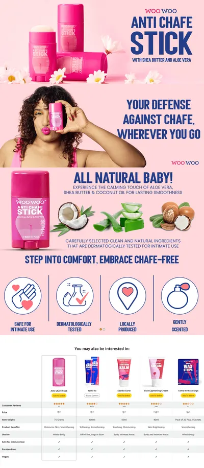 Premium A+ Content for WooWoo Anti Chafe Stick with Aloe Vera and Shea Butter 50ml