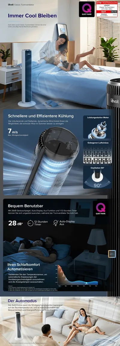 Premium A+ Content for Amazon.de: Levoit 28dB leiser Turmventilator mit Fortschrittlichem Schlafmodus