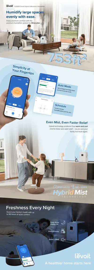 Premium A+ Content for Amazon.com: LEVOIT LV600S Smart Warm and Cool Mist Humidifiers for Home Bedroom Large Room
