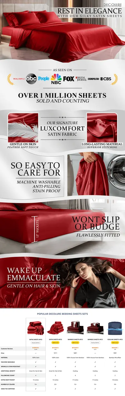 Premium A+ Content for Amazon.com: DECOLURE Satin Bed Sheets