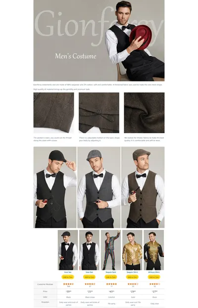Premium A+ Content for Amazon.com: Gionforsy 1920s Mens Costume Gatsby Gangster Vest Fedora Hat Suspenders Bow…