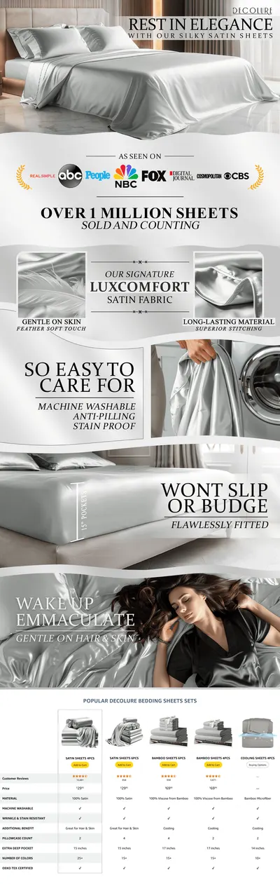 Premium A+ Content for Amazon.com: DECOLURE Satin Bed Sheets