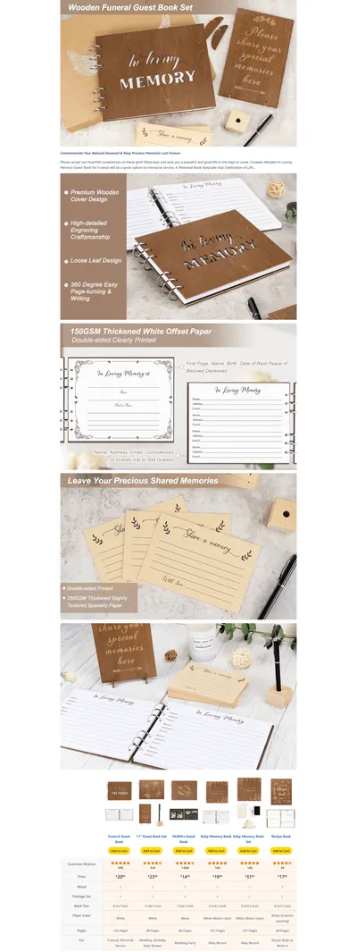 Premium A+ Content for Amazon.com: Creawoo Wooden Funeral Guest Book for Memorial Service Celebration of Life…