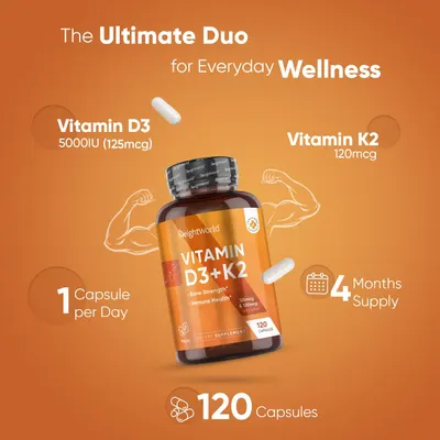 Secondary Images for Amazon.com: WeightWorld Vitamin D3 K2 5000 IU (125mcg) & K2 MK7 (120mcg)