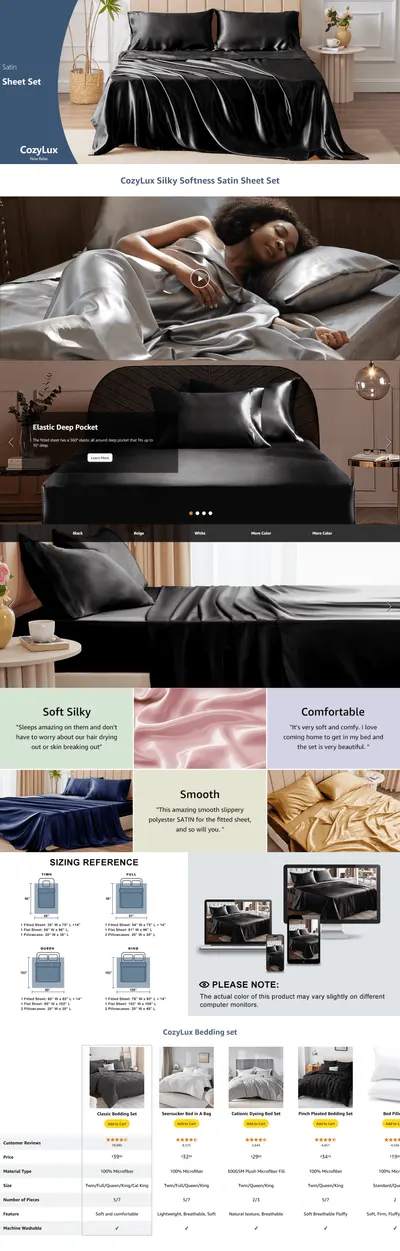 Premium A+ Content for Amazon.com: CozyLux Satin Sheets Queen Size