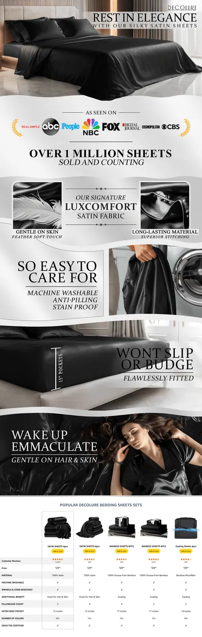 Premium A+ Content for Amazon.com: DECOLURE Satin Bed Sheets