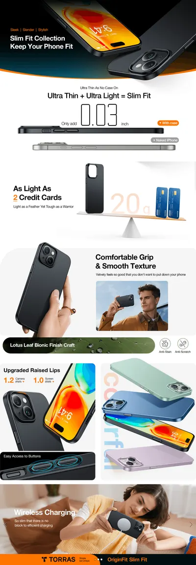 Premium A+ Content for Amazon.com: TORRAS Slim Fit Designed for iPhone 15 Case